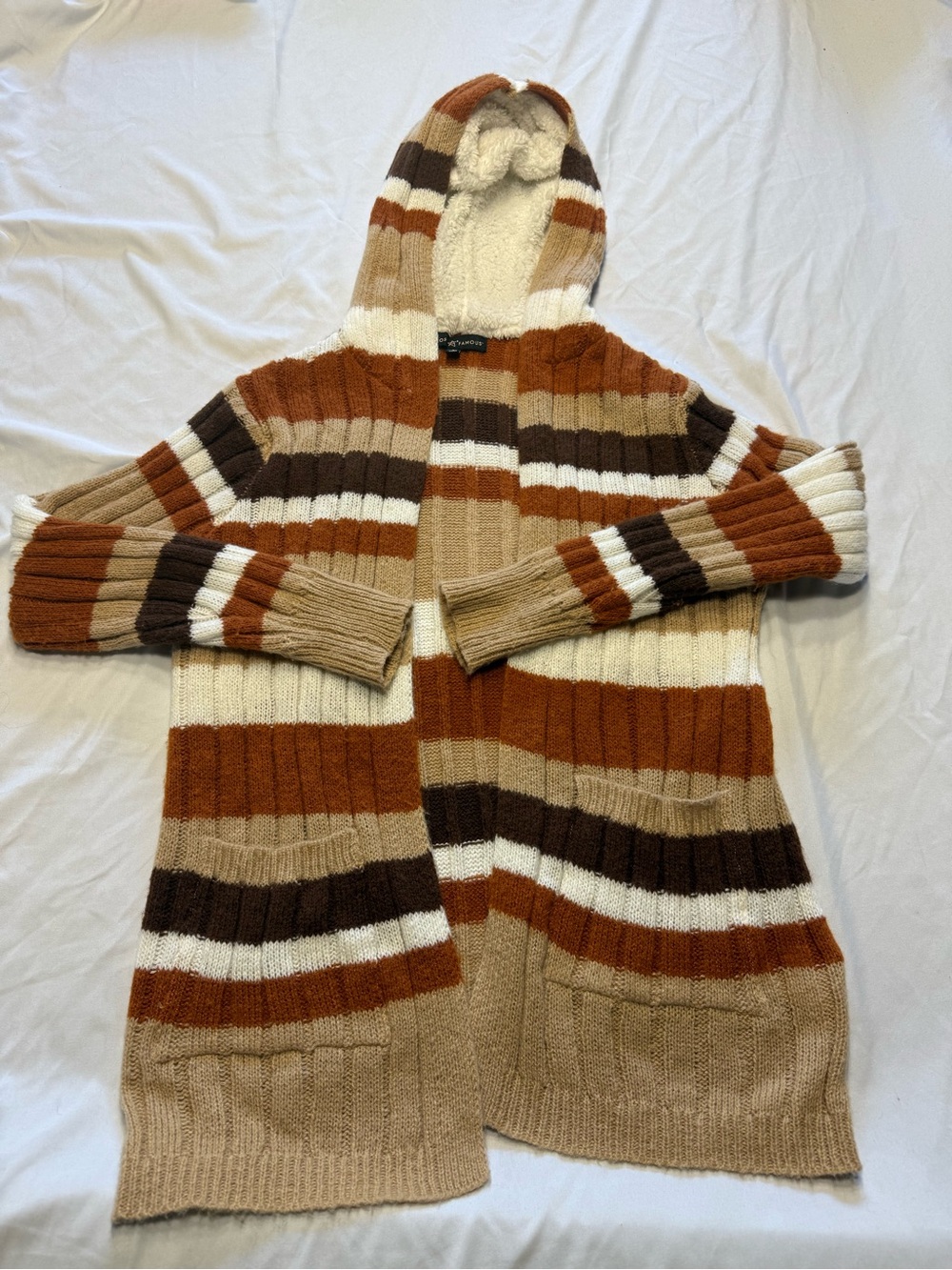 Almost Famous Striped Hooded Cardigan in Brown, Cream & Tan